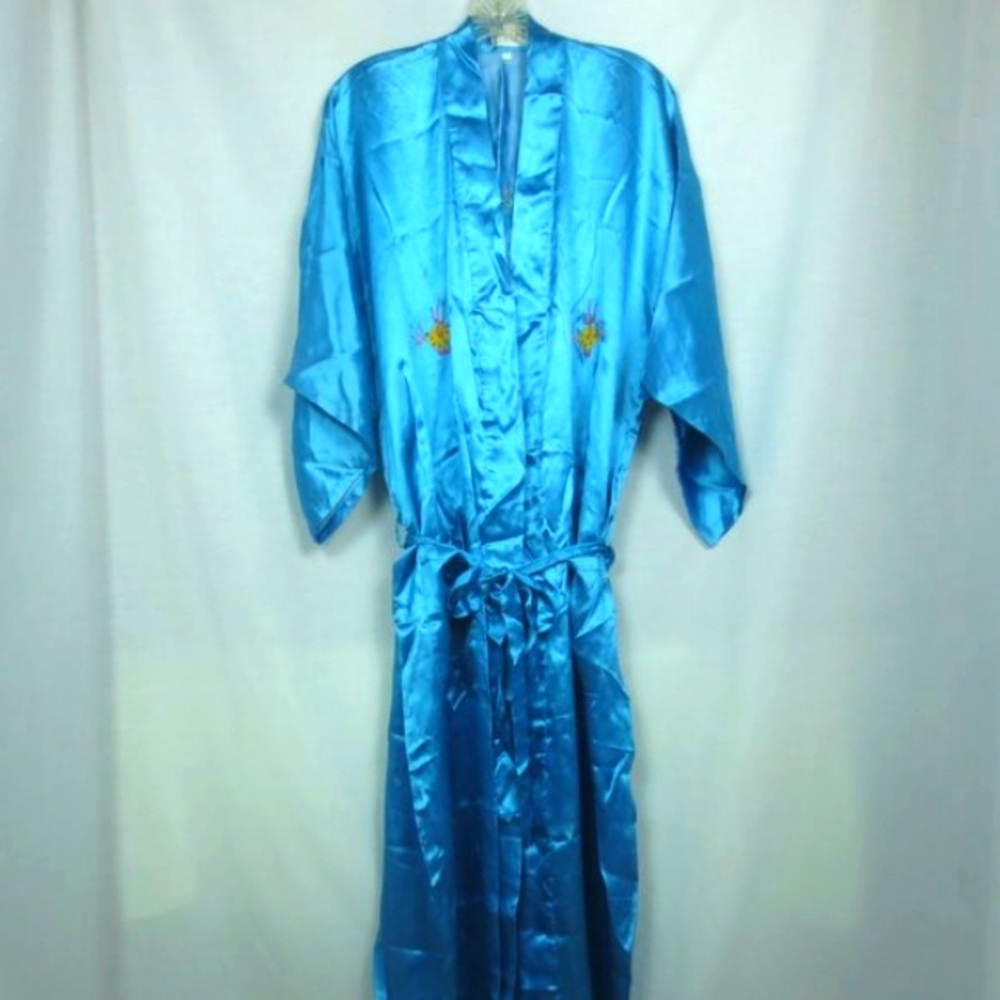 Golden Dragon Robe Sky Blue Satin Embroidered Dragon Silky Flowy Kimono Size M